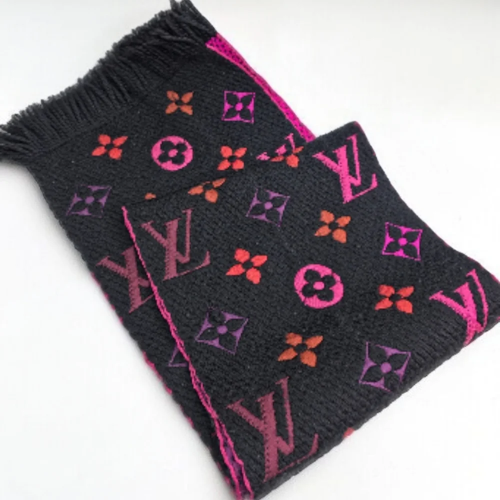 Louis Vuitton Echarpe Logomania Rainbow Wool Silk Scarf Black Pink